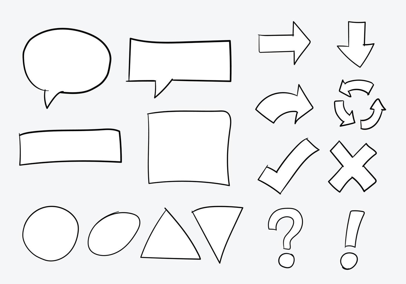 handgezeichneter Vektor in verschiedenen Formen wie Sprechblasen, Richtungspfeilen und mehr.