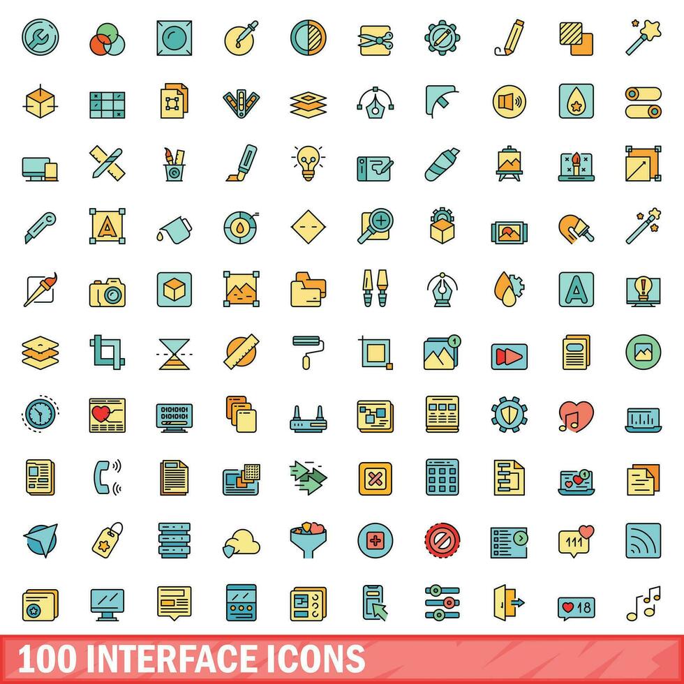 100 gränssnitt ikoner uppsättning, Färg linje stil vektor