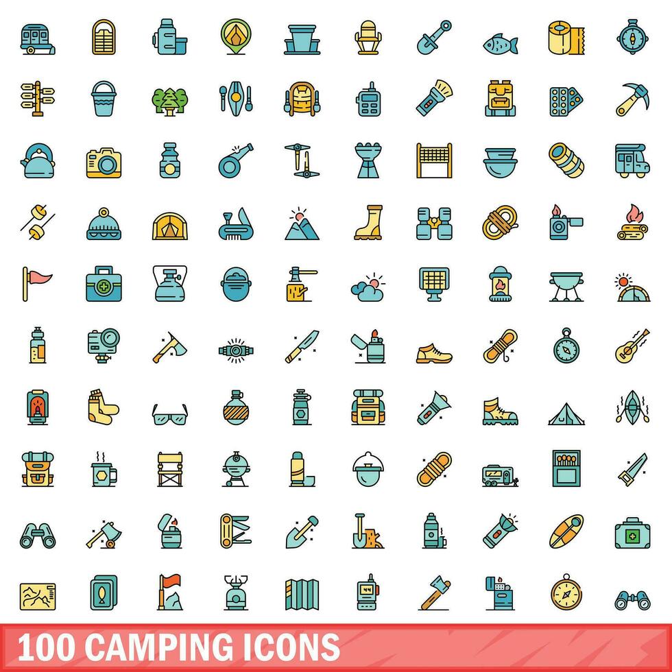 100 camping ikoner uppsättning, Färg linje stil vektor