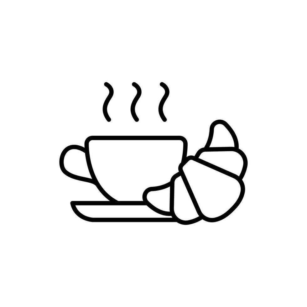 kaffe och croissant ikon. enkel översikt stil. bröd, bakverk, halvmåne, mat och dryck begrepp. tunn linje symbol. vektor illustration isolerat.