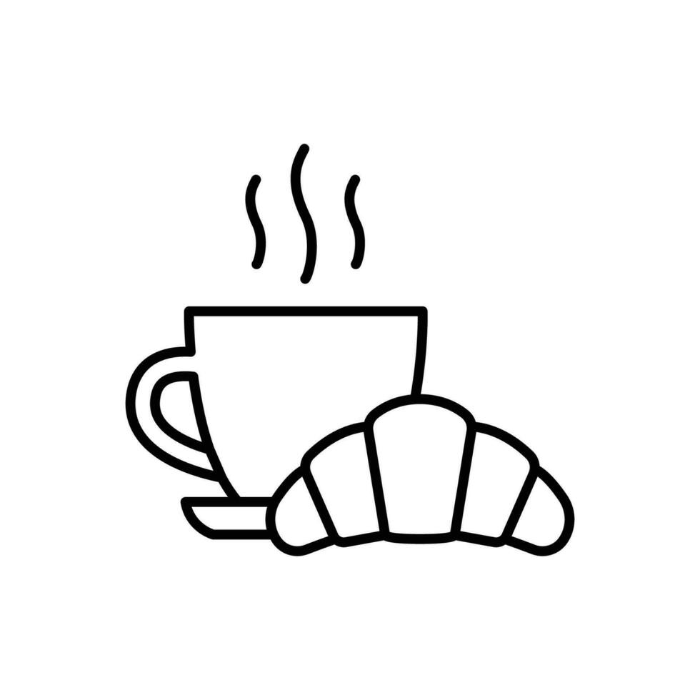 kaffe och croissant ikon. enkel översikt stil. bröd, bakverk, halvmåne, mat och dryck begrepp. tunn linje symbol. vektor illustration isolerat.