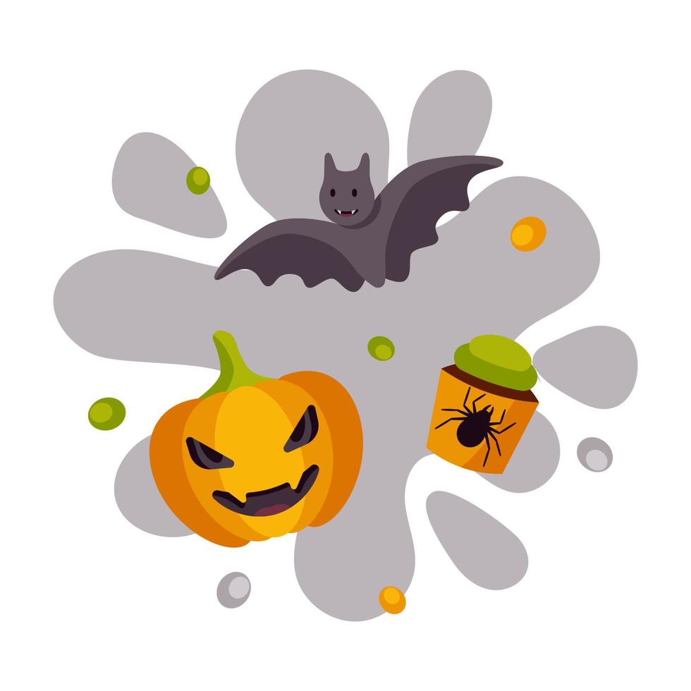 buntes Halloween-Design mit Fledermaus, Kürbis und Cupcake. Vektor-Illustration vektor