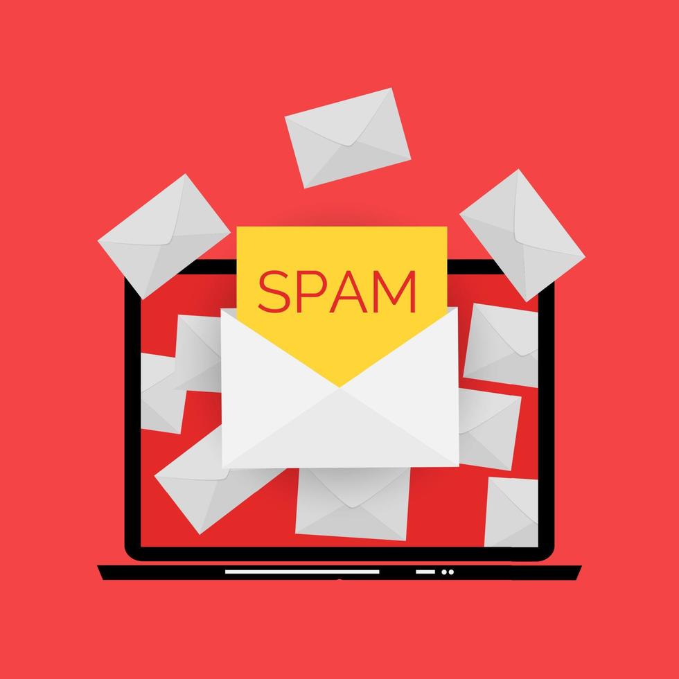 Umschlag mit Spam. Spam-E-Mail-Warnfenster auf dem Laptop-Bildschirm. vektor