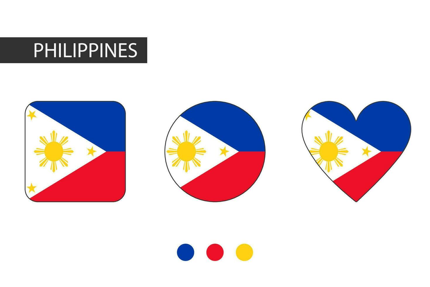 Philippinen 3 Formen Quadrat, Kreis, Herz mit Stadt Flagge. isoliert auf Weiß Hintergrund. vektor