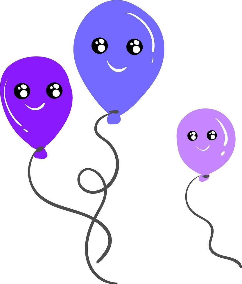 drei Schatten von lila Luftballons von anders Größen gebunden zu Individuell Saiten zeigt ein sehr unangenehm und unzufrieden Stimmung Vektor Farbe Zeichnung oder Illustration