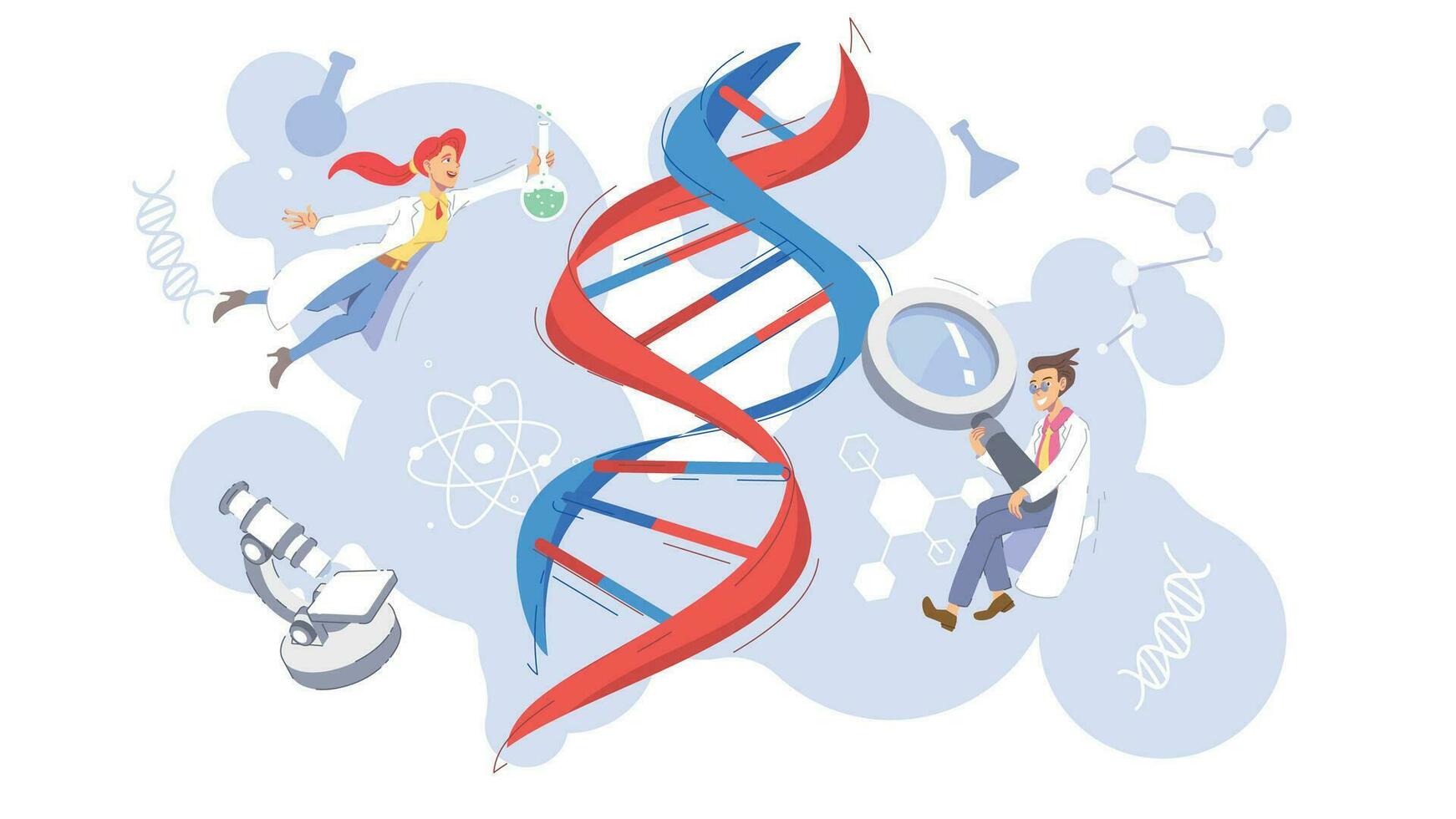 genetisch DNA Wissenschaft Vektor Illustration Konzept zeigen ein Gruppe von Wissenschaftler recherchieren auf DNA doppelt Wendel, geeignet zum Landung Buchseite, ui, Netz, App Intro Karte, redaktionell, Flyer, und Banner.