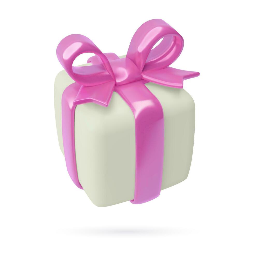 3d Geschenk Box Symbol mit Rosa Bogen. Überraschung Geschenk Paket zum Mädchen Geburtstag oder Valentinstag Tag. realistisch drei dimensional glänzend Design Element. Vektor Illustration.
