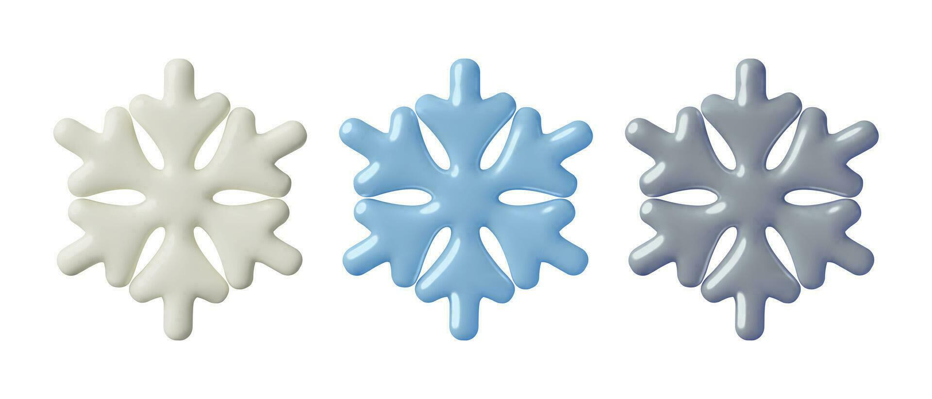 snöflingor 3d ikoner uppsättning. vit, blå och grå vinter- design element. eller frost tecken glansig plast tre dimensionell Semester dekorationer vektor