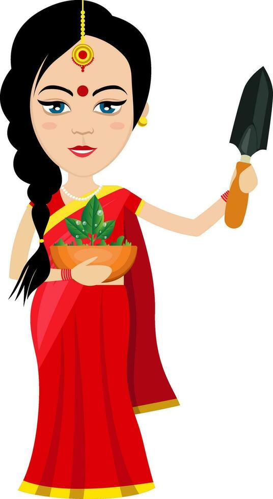 indisk kvinna med växt , illustration, vektor på vit bakgrund.