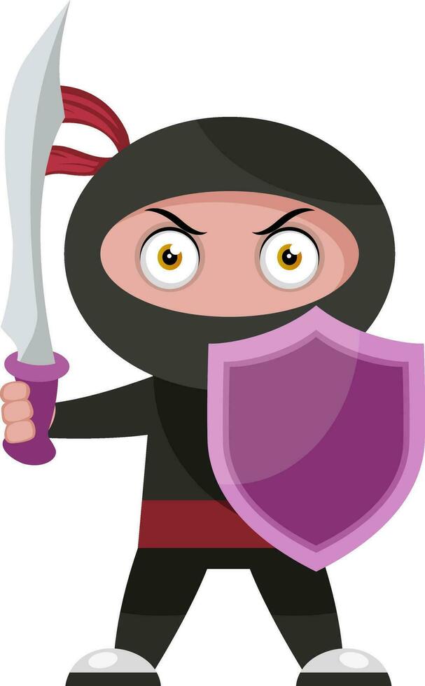 Ninja mit Schild, Illustration, Vektor auf weißem Hintergrund.