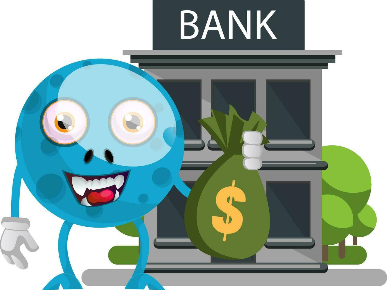 blå monster med pengar och Bank, illustration, vektor på vit bakgrund.