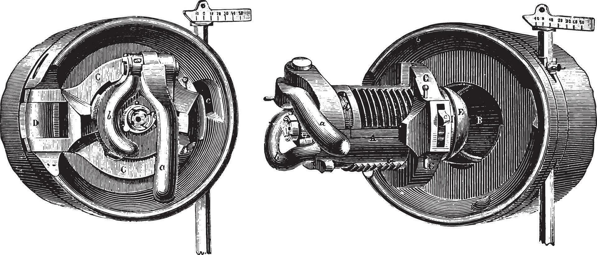 Verschluss Mechanismus unterbrochen Schraube Fäden Knall System, Jahrgang Gravur. vektor