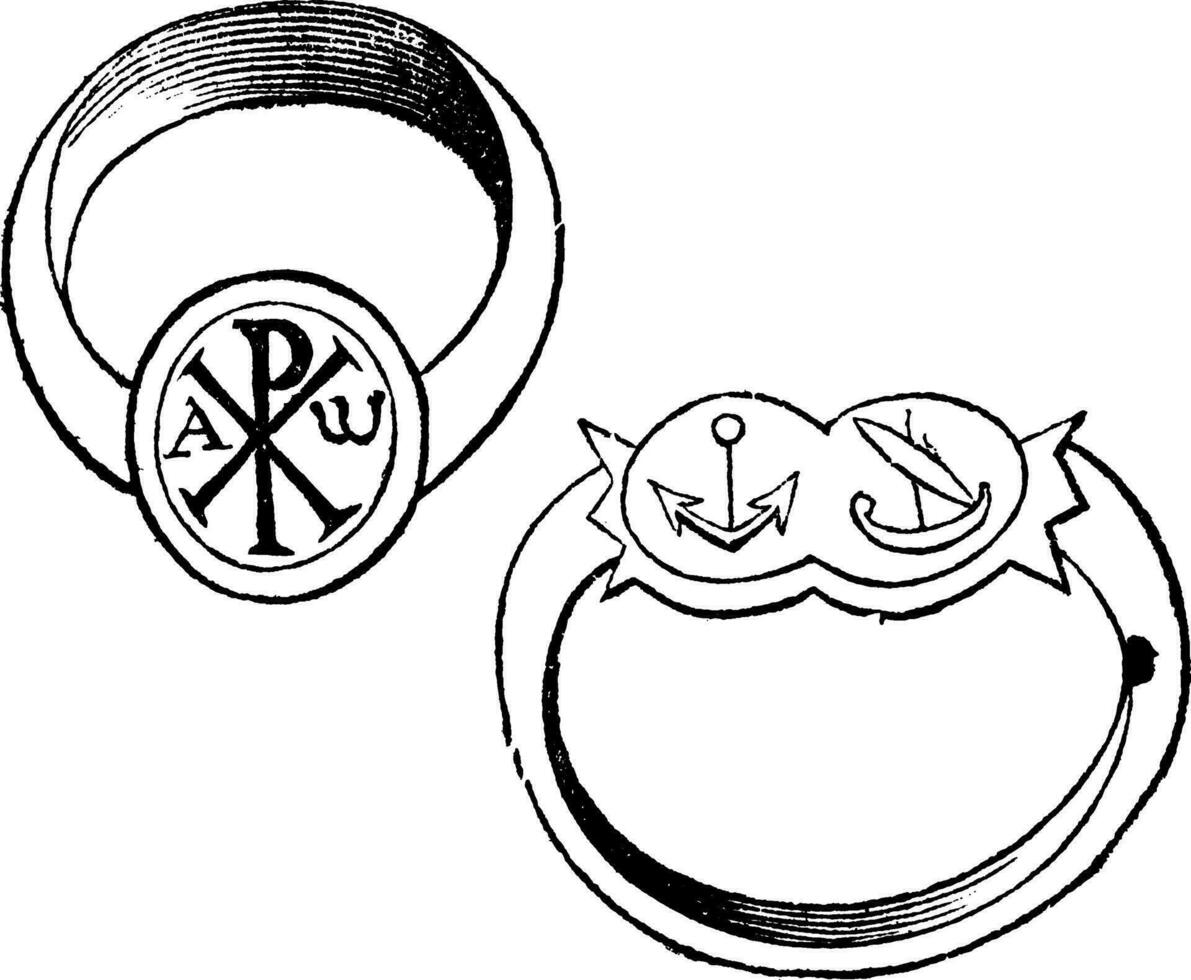 zwei Christian bischöflich Ringe mit Symbole Jahrgang Gravur vektor