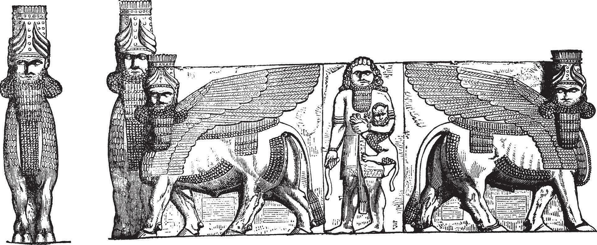 Linderung Skulpturen beim das Eingang von kuyunjik Palast Ruinen, im Mossul, Irak, Jahrgang graviert Illustration vektor