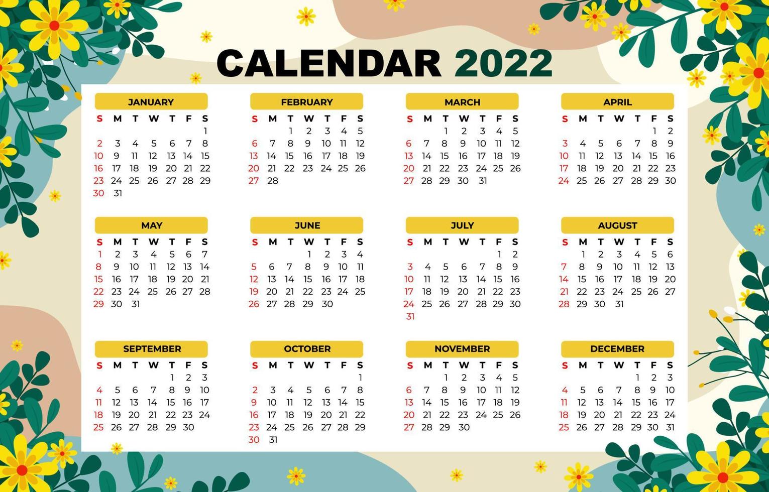 kalender 2022 blommigt bakgrundstema vektor