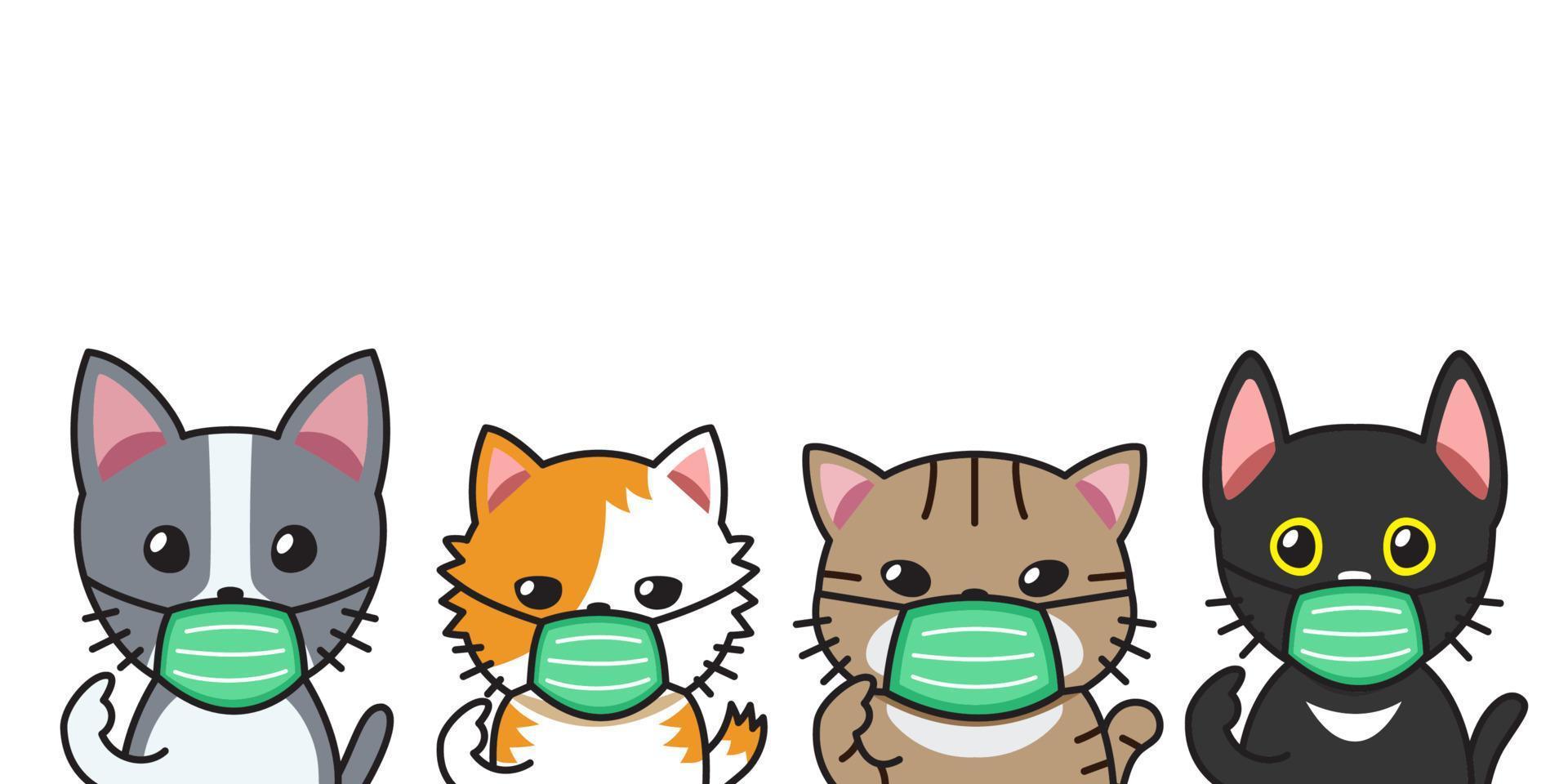 Reihe von niedlichen Katzen der Zeichentrickfigur, die schützende Gesichtsmasken tragen vektor