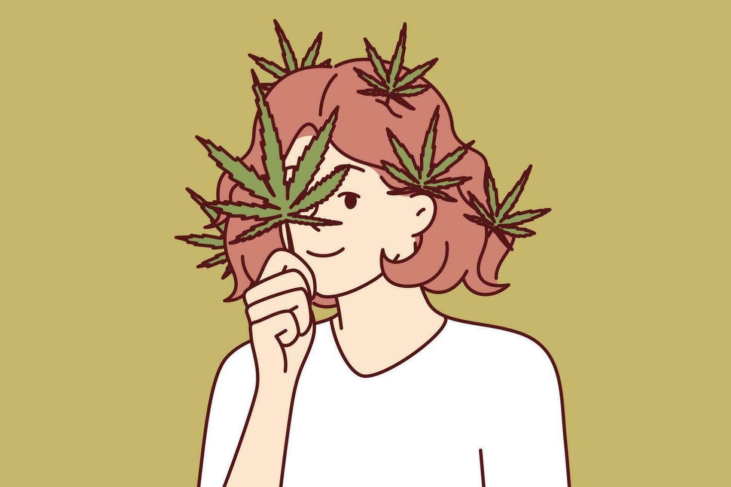 kvinna med cannabis kronblad på ansikte och hår samtal för legalisering av marijuana för medicinsk och rekreations syften. flicka dekorerar hår med cannabis, önskar till bevisa fördel av använder sig av cannabis vektor