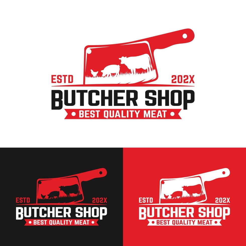 Fleischmesser mit Kuh-Schweinefleisch-Huhn-Vintage-Logo-Design-Vorlage vektor