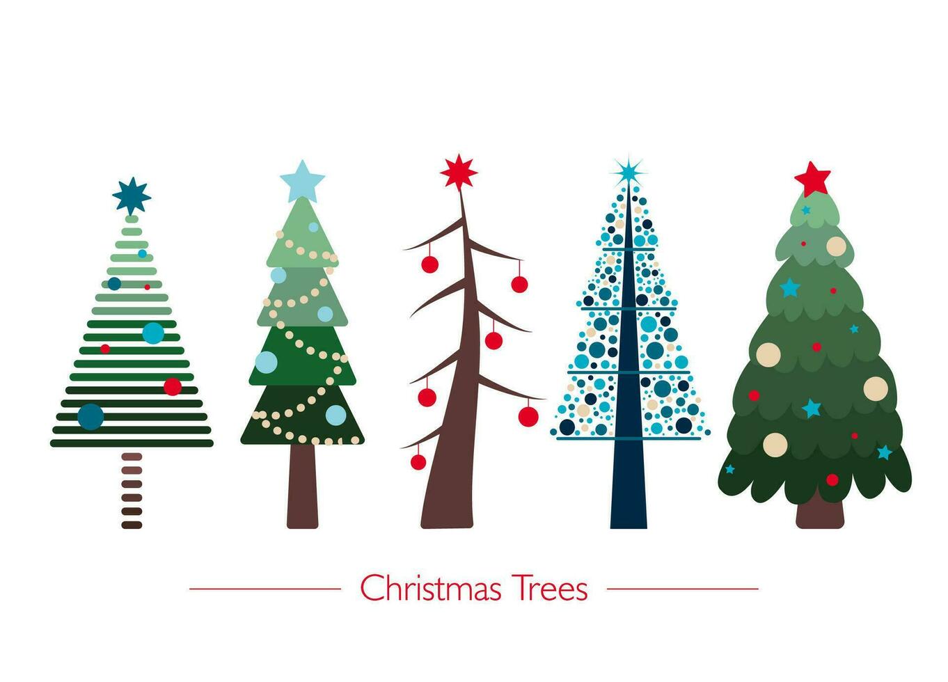 de uppsättning av fem platt enkel söt jul träd för xmas dekorationer vektor