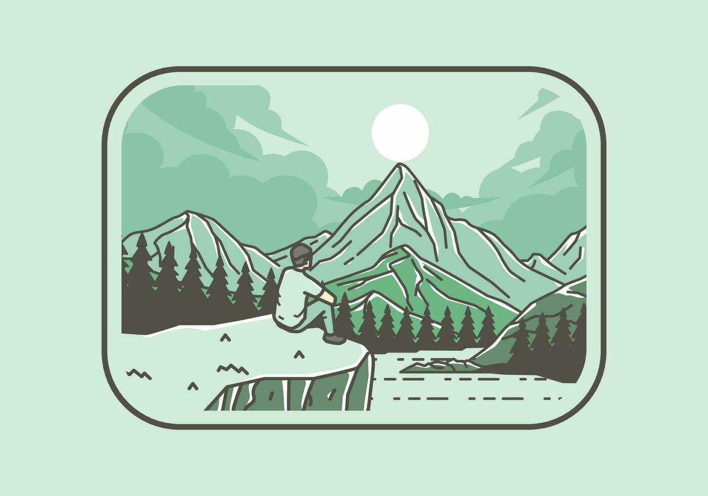 utomhus- illustration av en man sitter på en klippa med visningar av sjöar, skogar och bergen vektor