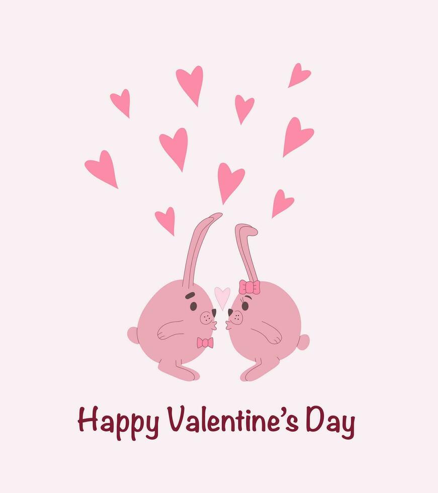 Valentinstag Tag Gruß Karte mit zwei küssen Kaninchen und Herzen vektor