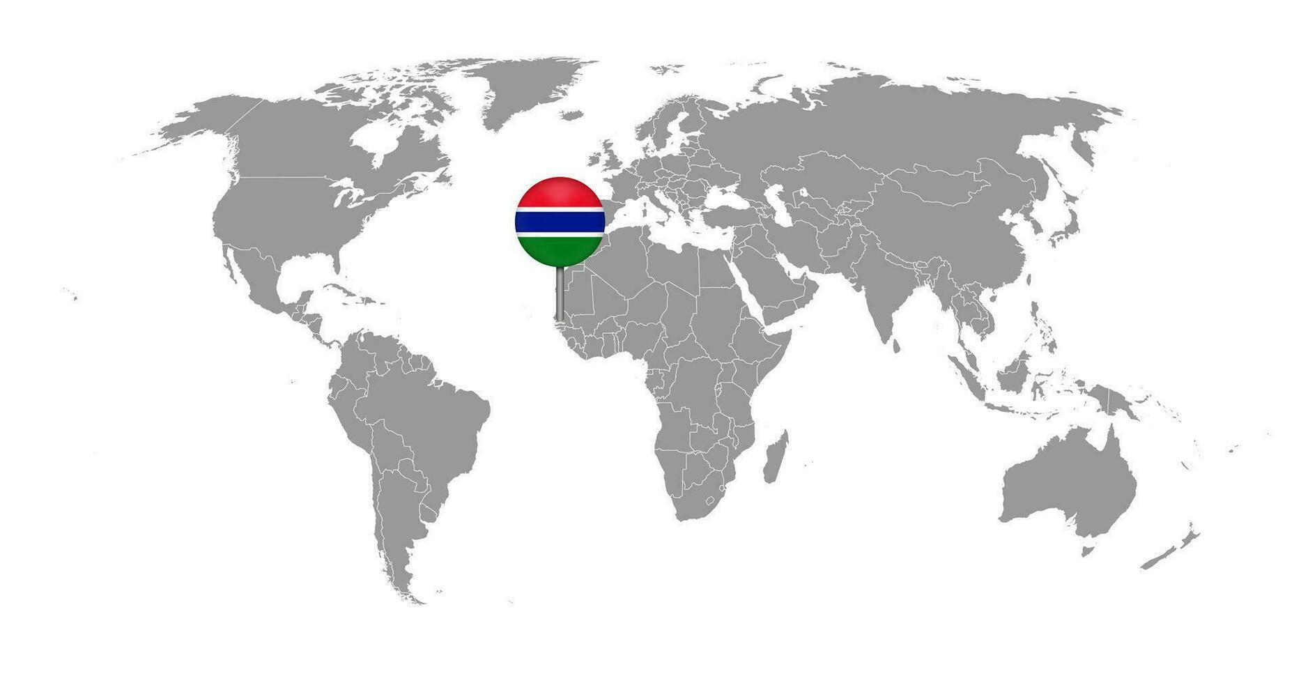 nålkarta med Gambias flagga på världskartan. vektor illustration.