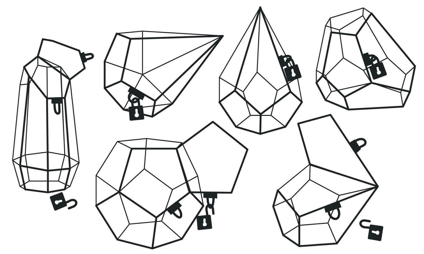 uppsättning av skön inomhus- och utomhus- terrarier med lås och nycklar på en vit bakgrund. vektor illustration av en glas florarium av olika geometrisk former . isolerade behållare med svart översikt