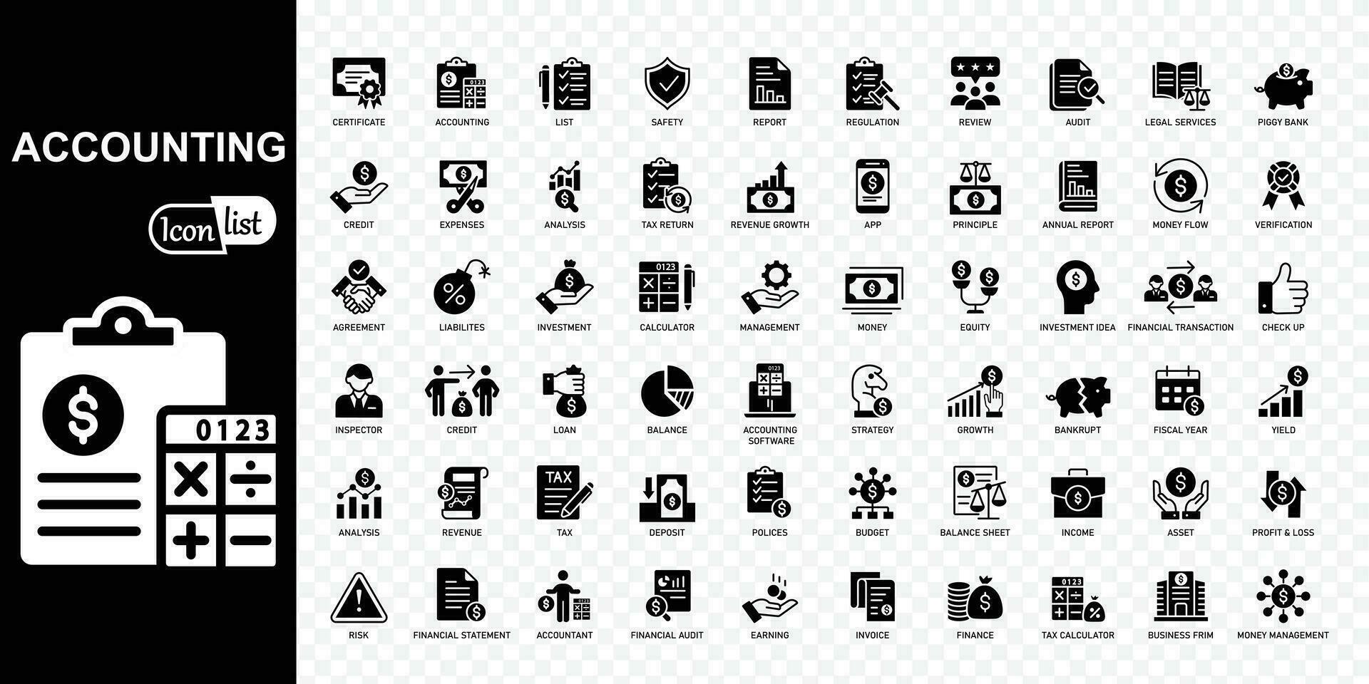 Buchhaltung editierbar Symbole Satz. Buchhalter, finanziell, Geschäft Feste Steuer, Stellungnahme, Taschenrechner, und Balance Blatt Symbole . Vektor Illustration