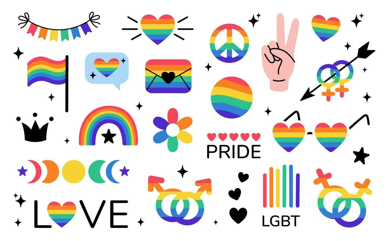 lgbt Aufkleber Pack im Gekritzel Stil. lgbtq Satz. lgbt Stolz Gemeinschaft Symbole. Regenbogen farbig Elemente. Vektor Illustration isoliert auf Weiß Hintergrund.