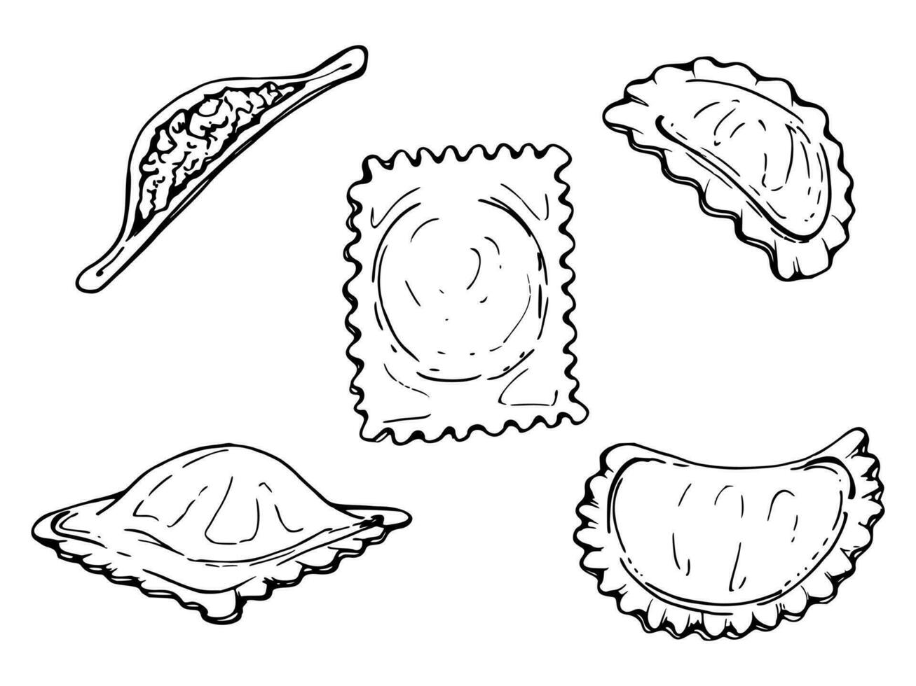 hand dragen vektor bläck illustration. ravioli pelmeni pierogi vareniki gyoza manti wonton maträtt. uppsättning av enda objekt element isolerat på vit. för restaurang meny, mat affär och paket, flygblad, skriva ut.