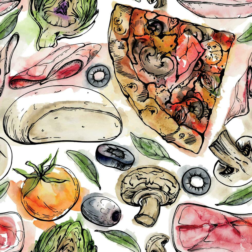 Hand gezeichnet Aquarell Tinte Illustration. Capricciosa Pizza Scheibe mit Beläge, Italienisch Küche Mahlzeit. nahtlos Muster isoliert auf Weiß. Design Restaurant Speisekarte, Cafe, Essen Geschäft Paket, Flyer, drucken. vektor