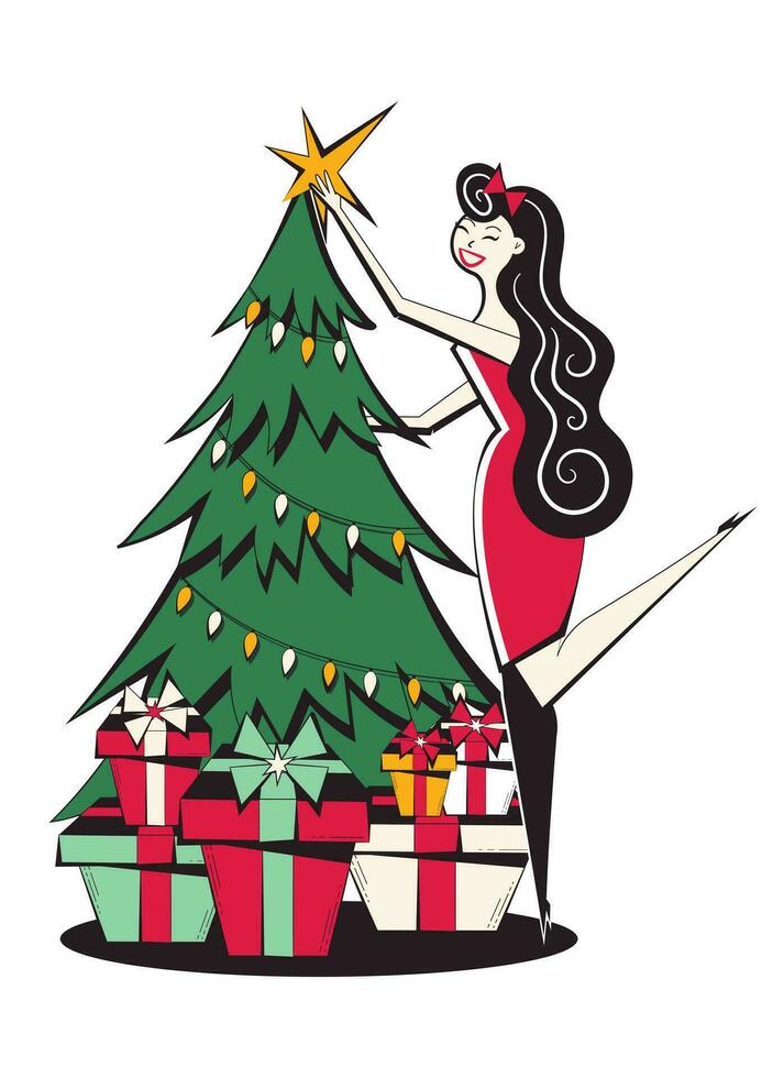 Weihnachten Baum mit Star und Beleuchtung mit die Geschenke unter das Baum und Frau im rot Kleid. Weihnachten Illustration im retro Stil von 60er-70er mit Frau dekorieren Weihnachten Baum. vektor