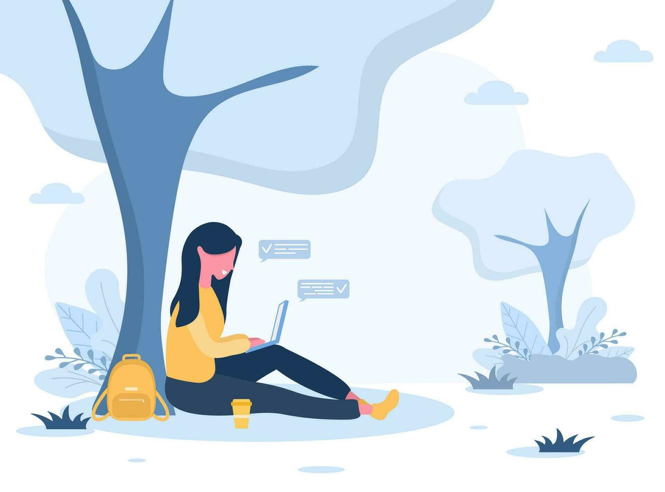 kvinnor frilans. flicka med bärbar dator Sammanträde i parkera under träd. begrepp illustration för arbetssätt utomhus, studerar, kommunikation, friska livsstil. vektor illustration i platt stil.