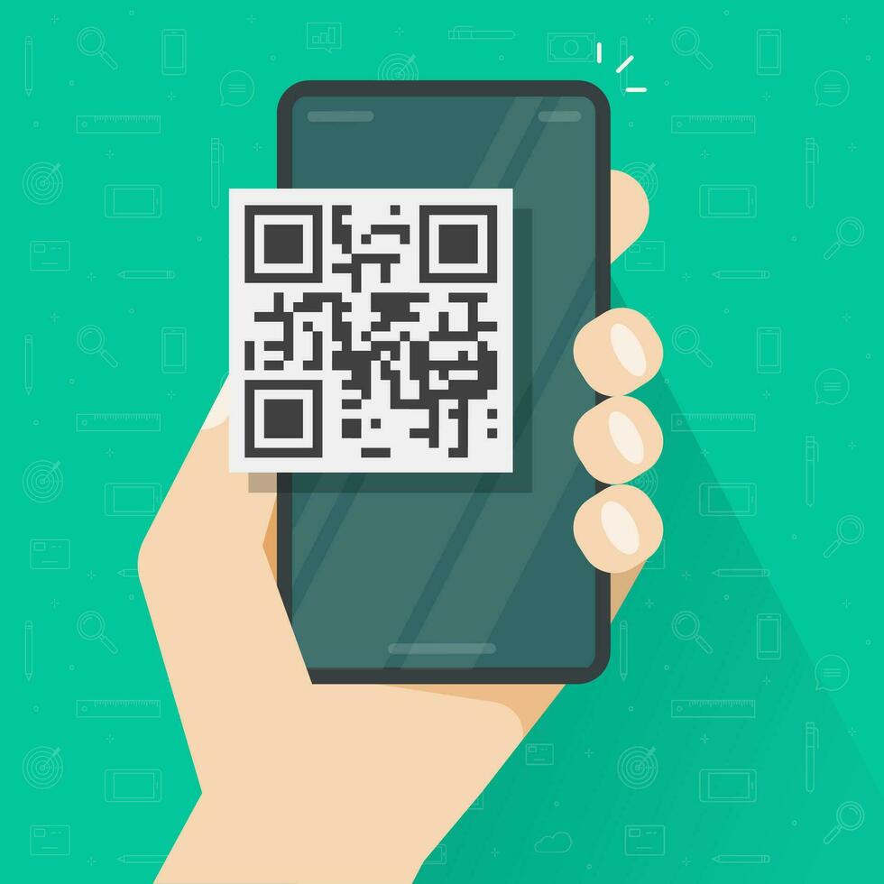 qr Code Symbol auf Handy, Mobiltelefon Telefon oder Smartphone Bildschirm im Person Hand Vektor eben Karikatur Illustration, Handy mit Bar Code Symbol modern Design Bild