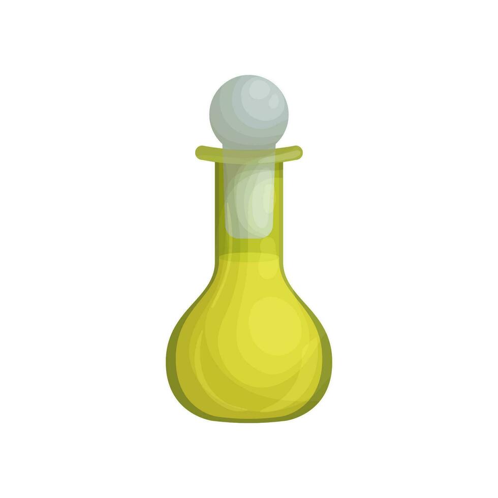 Glas Flasche von Kräuter- Öl oder Heilung Balsam im Karikatur Stil. Aromatherapie Öl zum Spa, kulinarisch und Parfümerie. Alkohol oder Zutaten. Symbol zum Webseite Design, Verpackung vektor