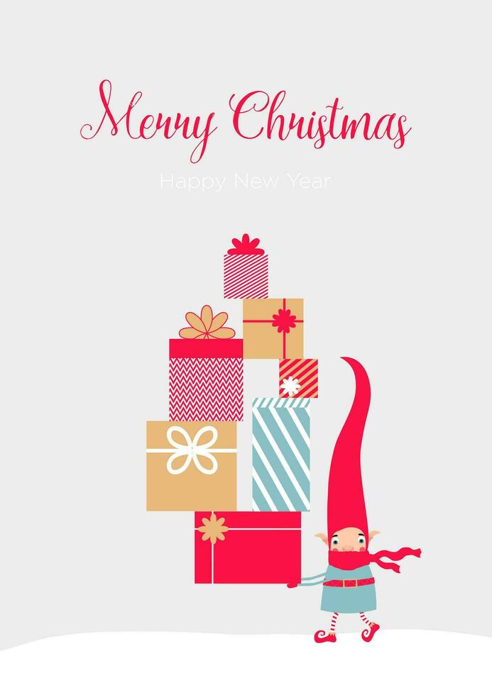 Lager Vektor Illustration mit ein süß Weihnachten Elf im ein gestreift rot Hut und Schal mit ein Pyramide von Weihnachten Geschenke im Hand. Vorlage zum fröhlich Weihnachten Karten, Grüße, Banner oder Plakate.