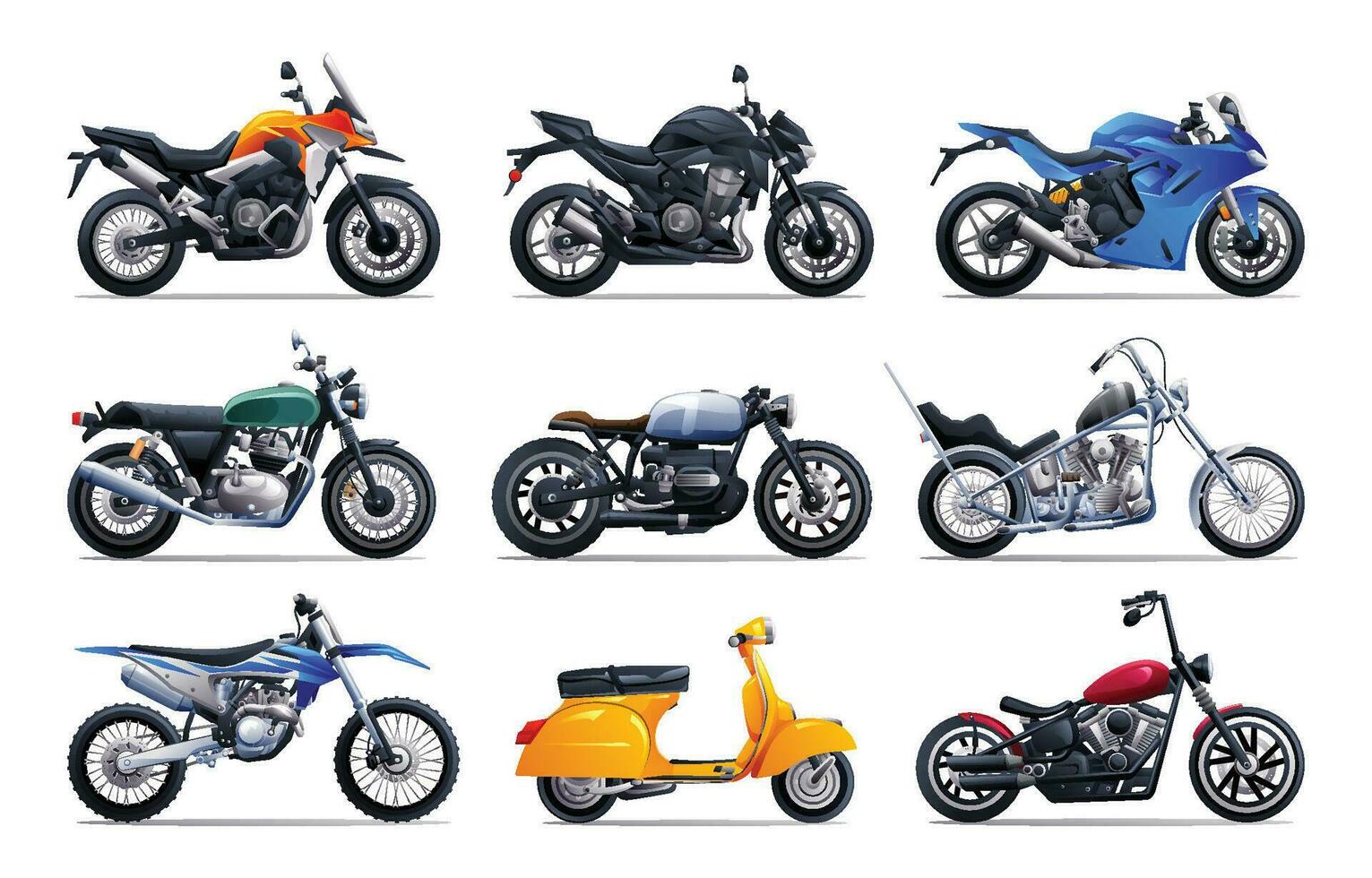 motorcykel uppsättning vektor illustration. motorcykel samling i olika typer