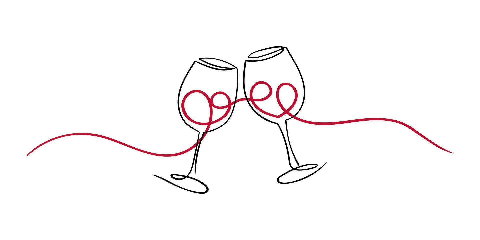 zwei Brille von Wein gezeichnet mit ein Linie, mit Herzen innen. Aufkleber, Etikette zum Valentinstag Tag oder Liebe zum Wein vektor