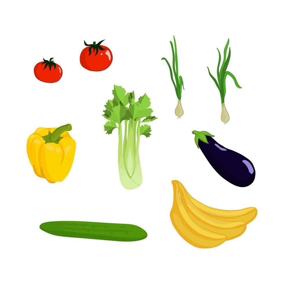 vektor illustration med en uppsättning av grönsaker och frukt på en vit bakgrund. uppsättning av äggplanta, tomat, peppar och lök, gurka, banan och selleri. bruka Produkter