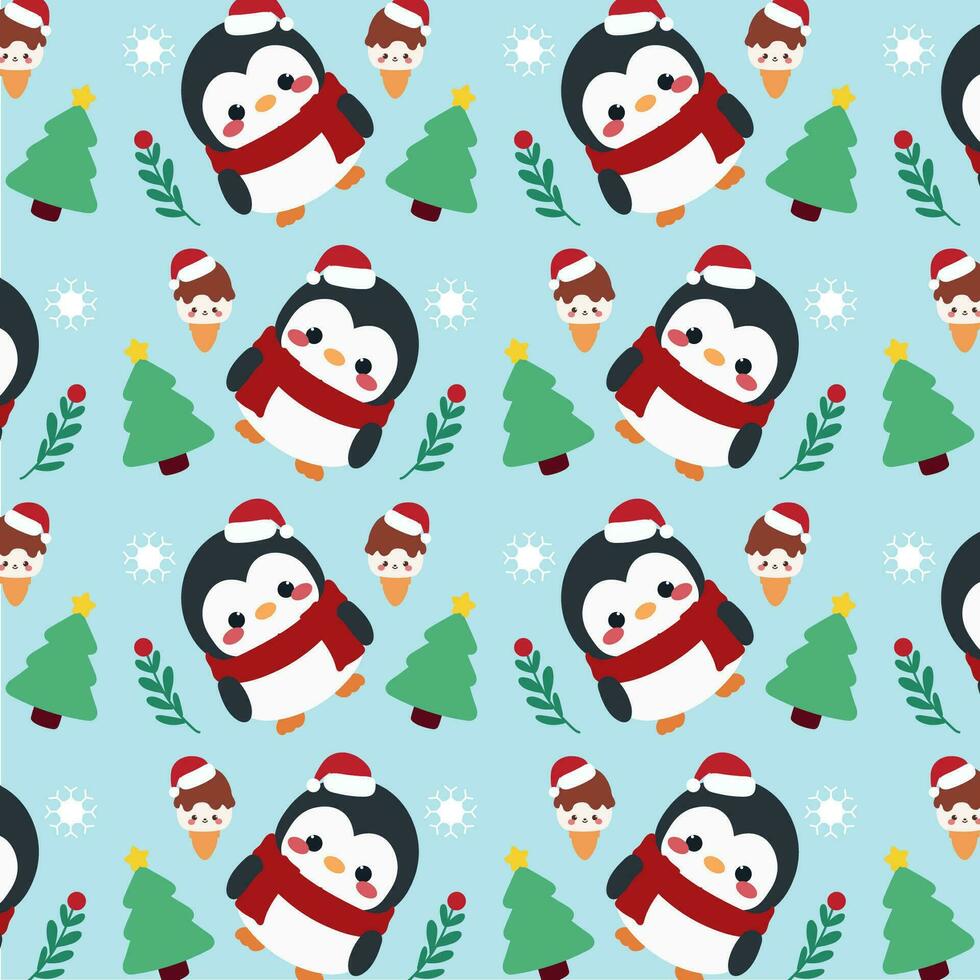 Weihnachten Pinguin Eis Sahne Muster. süß Muster Eigenschaften süß Pinguine, Weihnachten Bäume, und Eis Sahne auf ein Blau Hintergrund. vektor