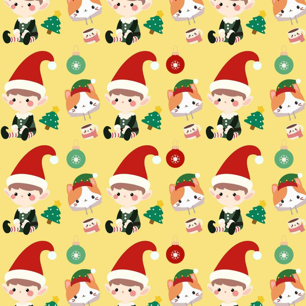 Weihnachten Muster Eigenschaften ein süß Elf Junge, ein süß Katze, und ein Weihnachten Baum auf ein Gelb Hintergrund. vektor