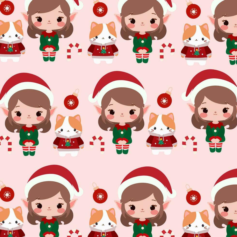 süß Weihnachten Muster Eigenschaften ein süß Elf Mädchen, Katze und Süßigkeiten Stock auf ein Rosa Hintergrund. vektor
