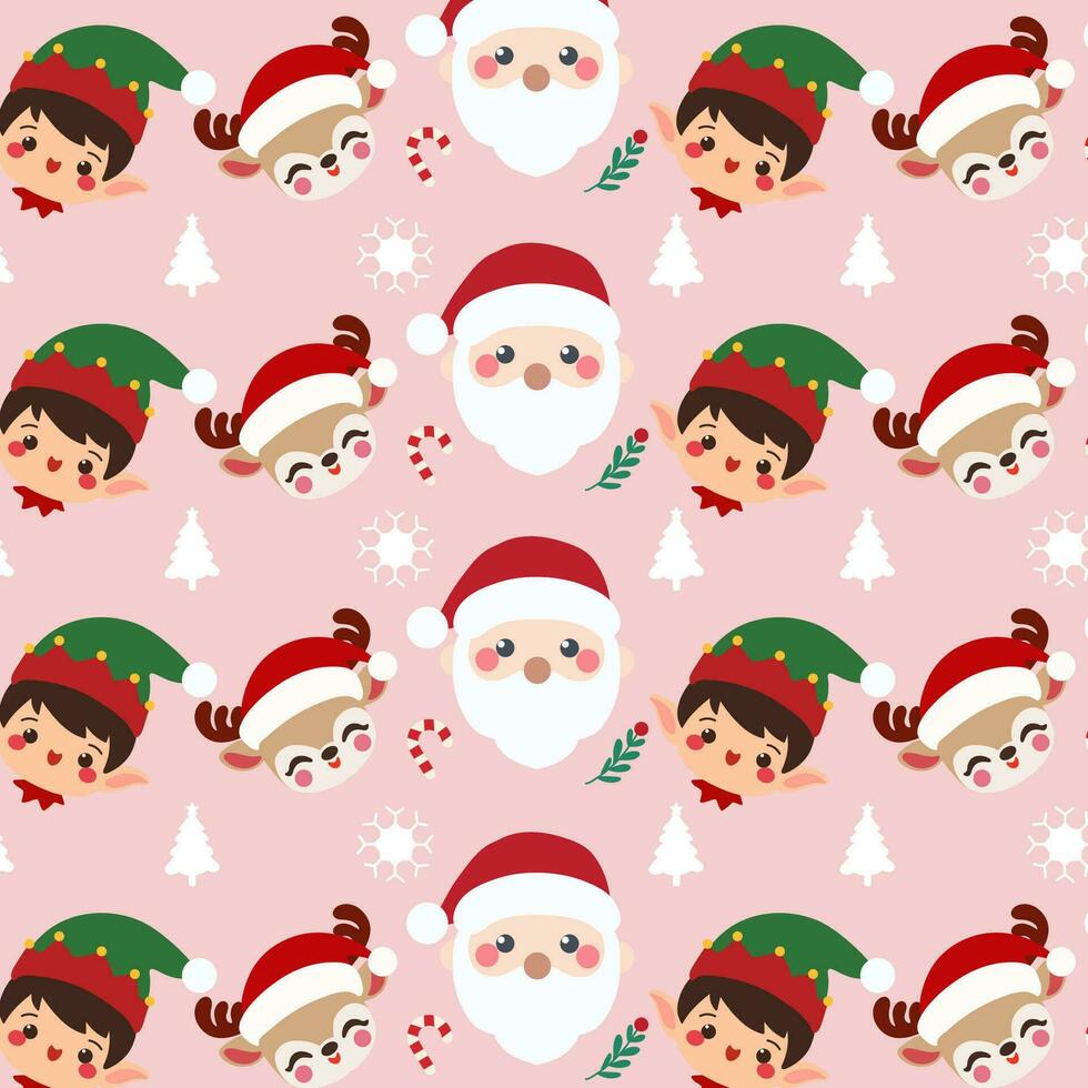 jul mönster funktioner glad santa claus, en glad älva pojke, och ren på en ljus rosa bakgrund. vektor
