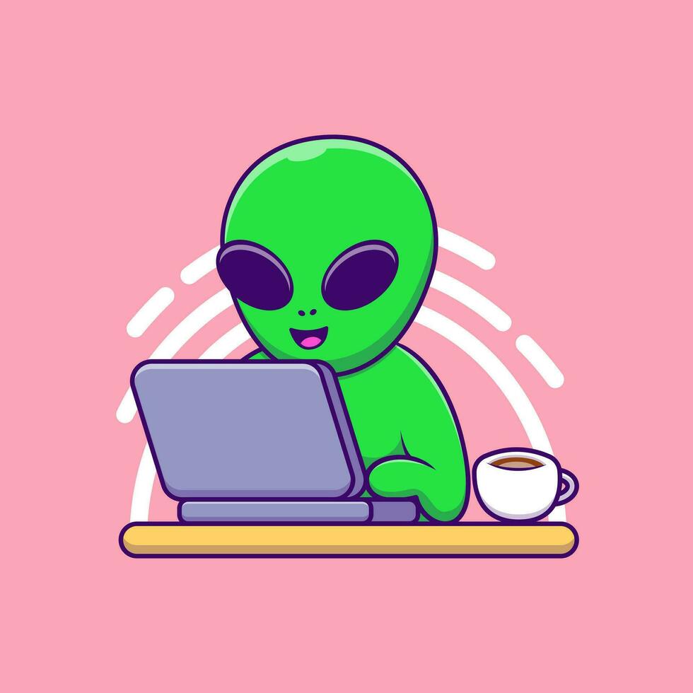 süß Außerirdischer Arbeiten auf Laptop Karikatur Vektor Symbole Illustration. eben Karikatur Konzept. geeignet zum irgendein kreativ Projekt.