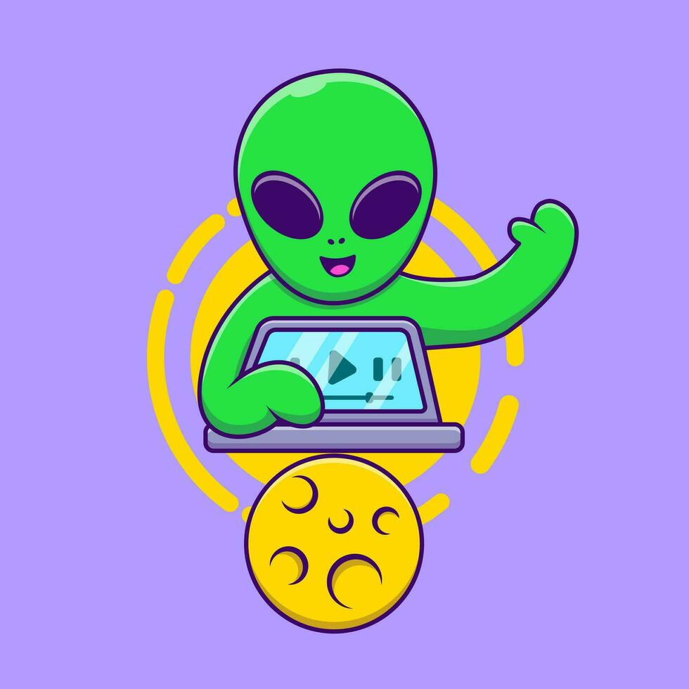 süß Außerirdischer spielen Laptop Karikatur Vektor Symbole Illustration. eben Karikatur Konzept. geeignet zum irgendein kreativ Projekt.