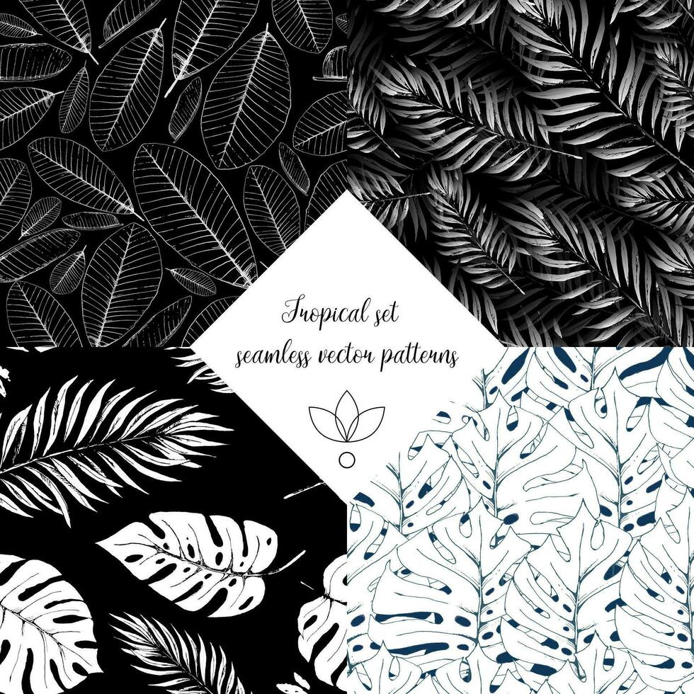 svart och vit blommig tropisk design sömlös mönster uppsättning. vild blommor och löv bakgrund. för textil- och tyg design, tapet och brevpapper skriva ut. vektor illustration