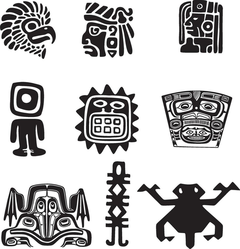 vektor svartvit uppsättning av inföding amerikan indisk nationell symboler. etnisk runda ornament av de människors av Amerika, aztek, maja, inkaor, peru, Brasilien, Mexiko, honduras, guatemala