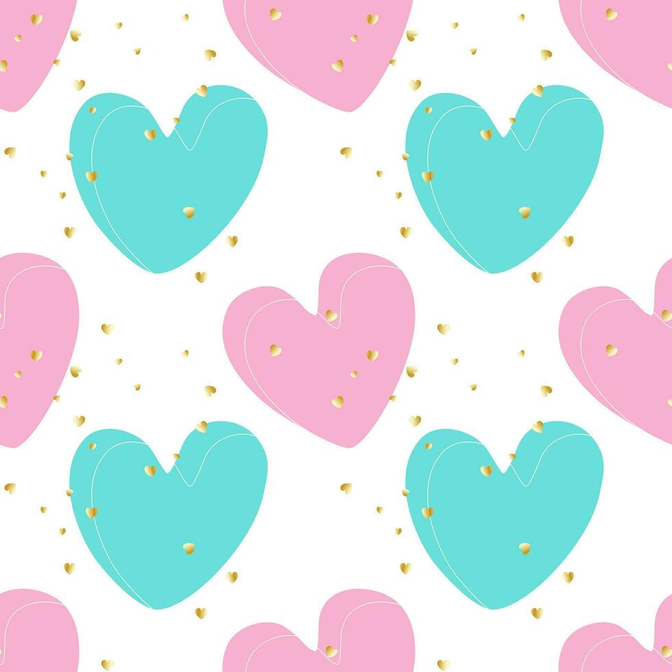 Liebe schick Muster mit Rosa und Blau Herzen, mit klein Gold funkelnd Herz, zum Valentinsgrüße Tag, Hochzeit, Liebe Gegenseitigkeit, Verpackung, Hintergrund, Abdeckung, Weiß Hintergrund. vektor