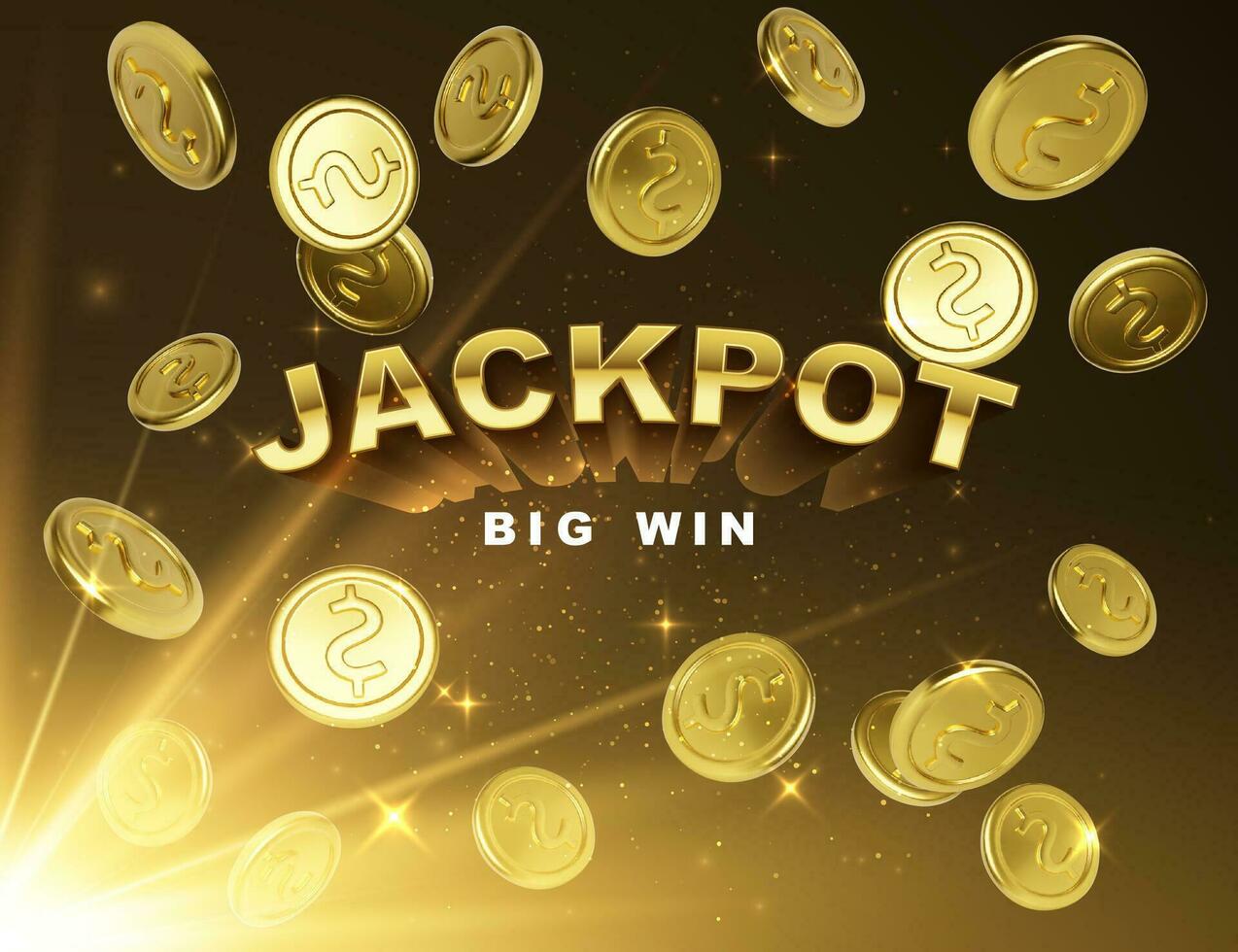 Jackpot Kasino Gewinner. groß Sieg Banner mit fallen golden Münzen auf dunkel Hintergrund mit Licht Strahlen. Vektor Illustration