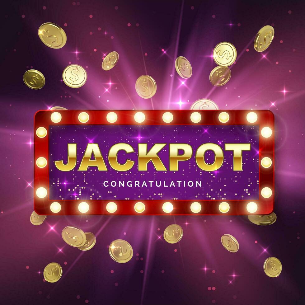 Jackpot Kasino Gewinner auf lila Hintergrund mit Licht Strahlen. groß Sieg Banner. retro Schild mit fallen Gold Münzen. Vektor Illustration